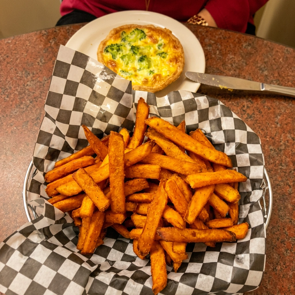 Sweet Potato Fries and Quiche Meal at Sunset Cafe, St. Thomas, ON